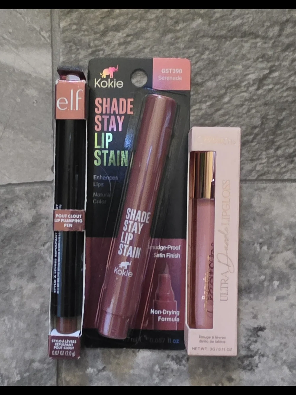 ELF Pout Clout Lip Plumping Pen, Beauty Creations Lip Gloss, Kokie Lip Stain